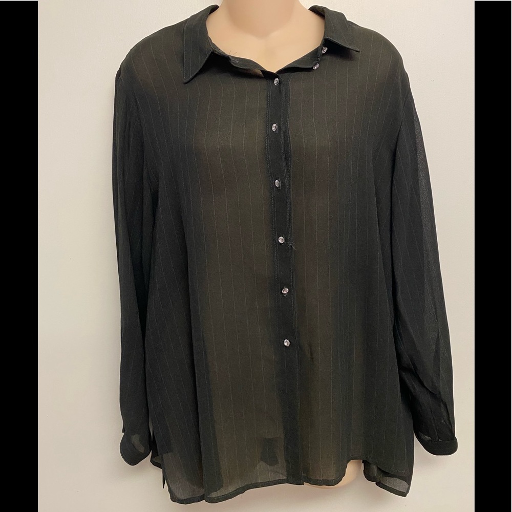 New Platinum Dorothy Schoelen‎ gray stripe long sleeve button blouse large